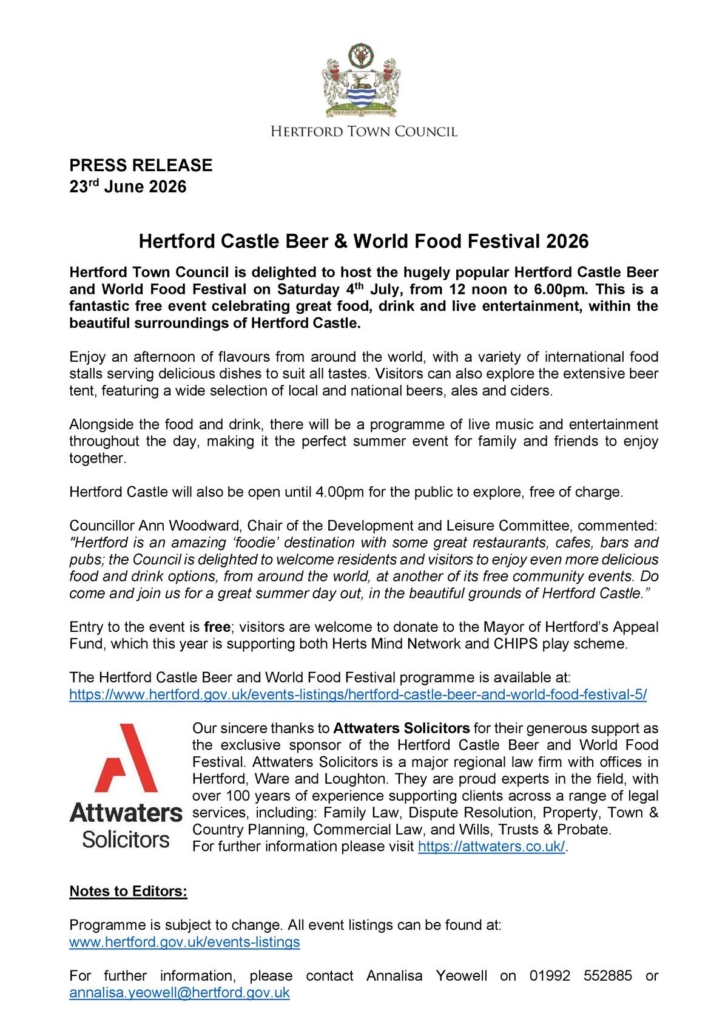 Press Release - Hertford Castle Beer and World Food Festival 2026 (Copy)
