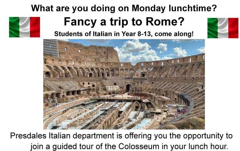Live virtual tour of the Colosseum - Monday 21st March - Students of Italian in Year 8 to 13